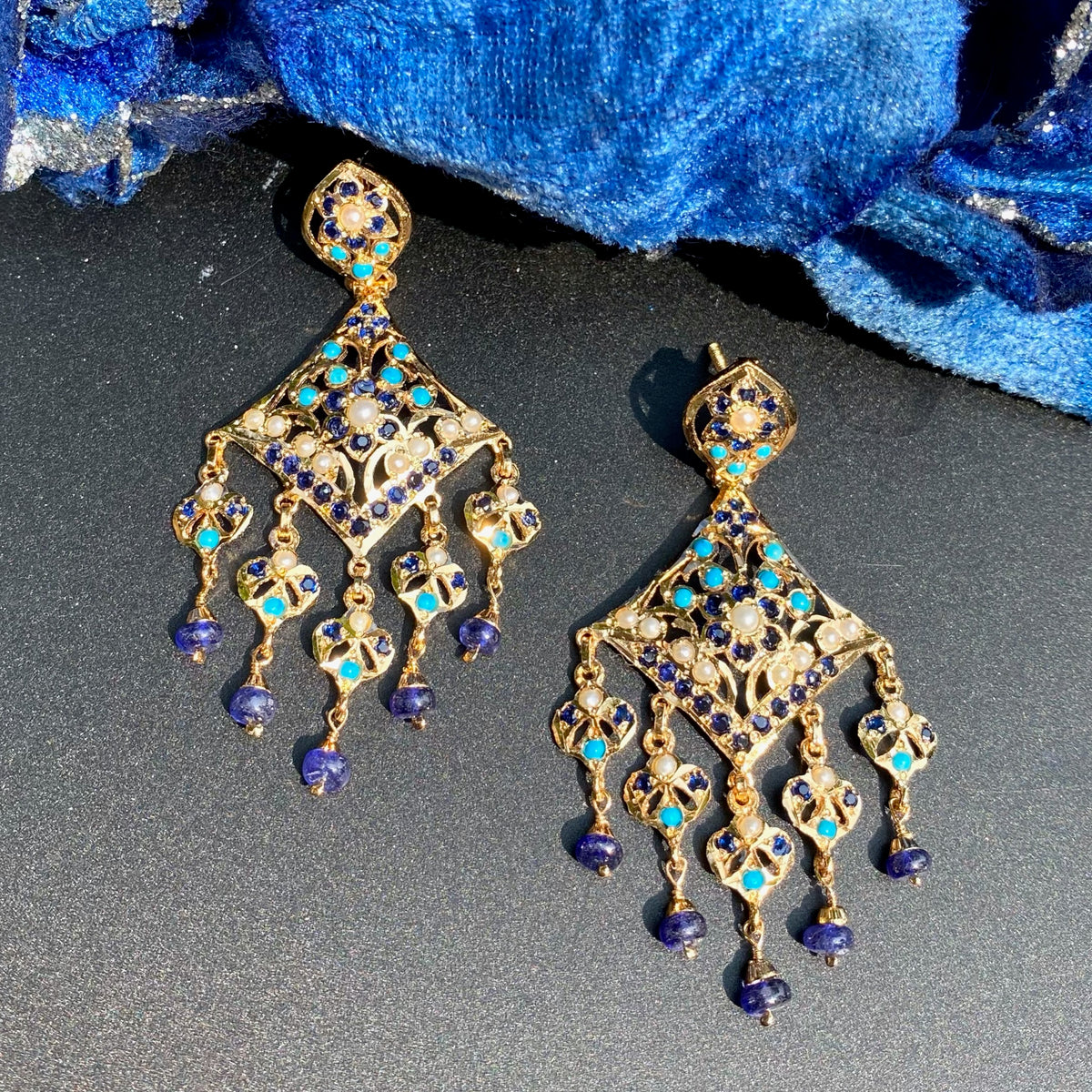 Turquoise, Sapphire Blue & Pearl Statement Earrings in Gold-Plated Silver ER 789