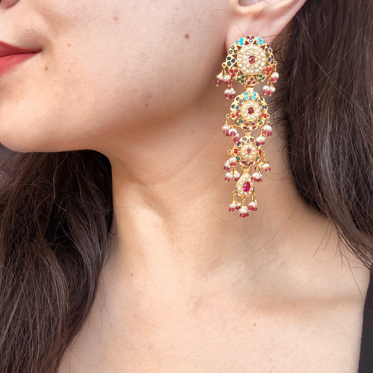 Multicolour Jadau Floral Dangler Earrings ER 780