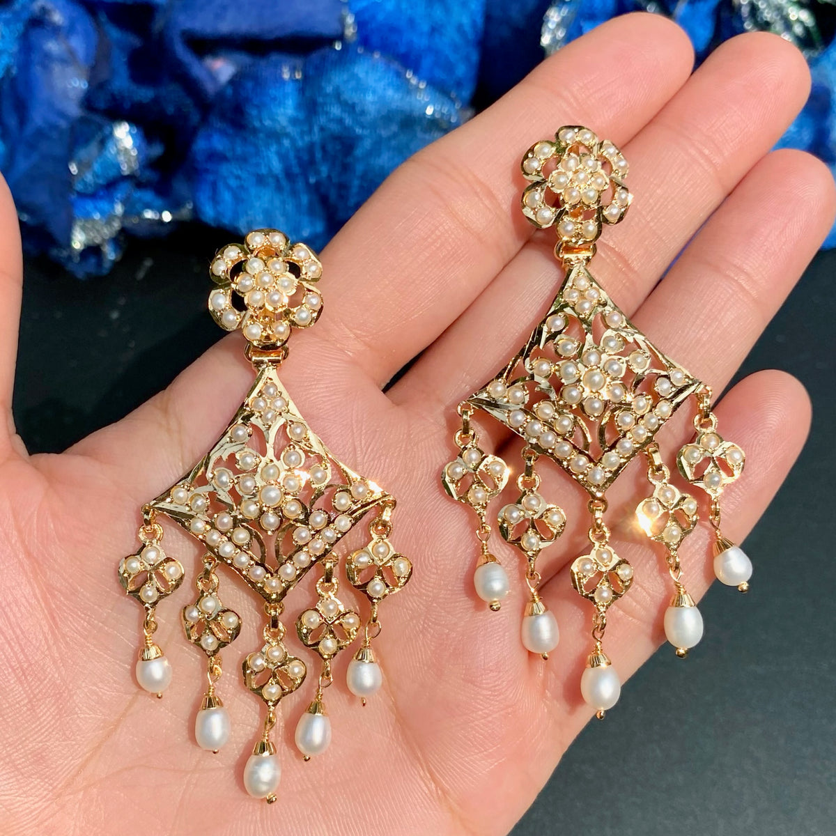 Pearl Floral Chandelier Earrings in Gold-Plated Silver ER 790