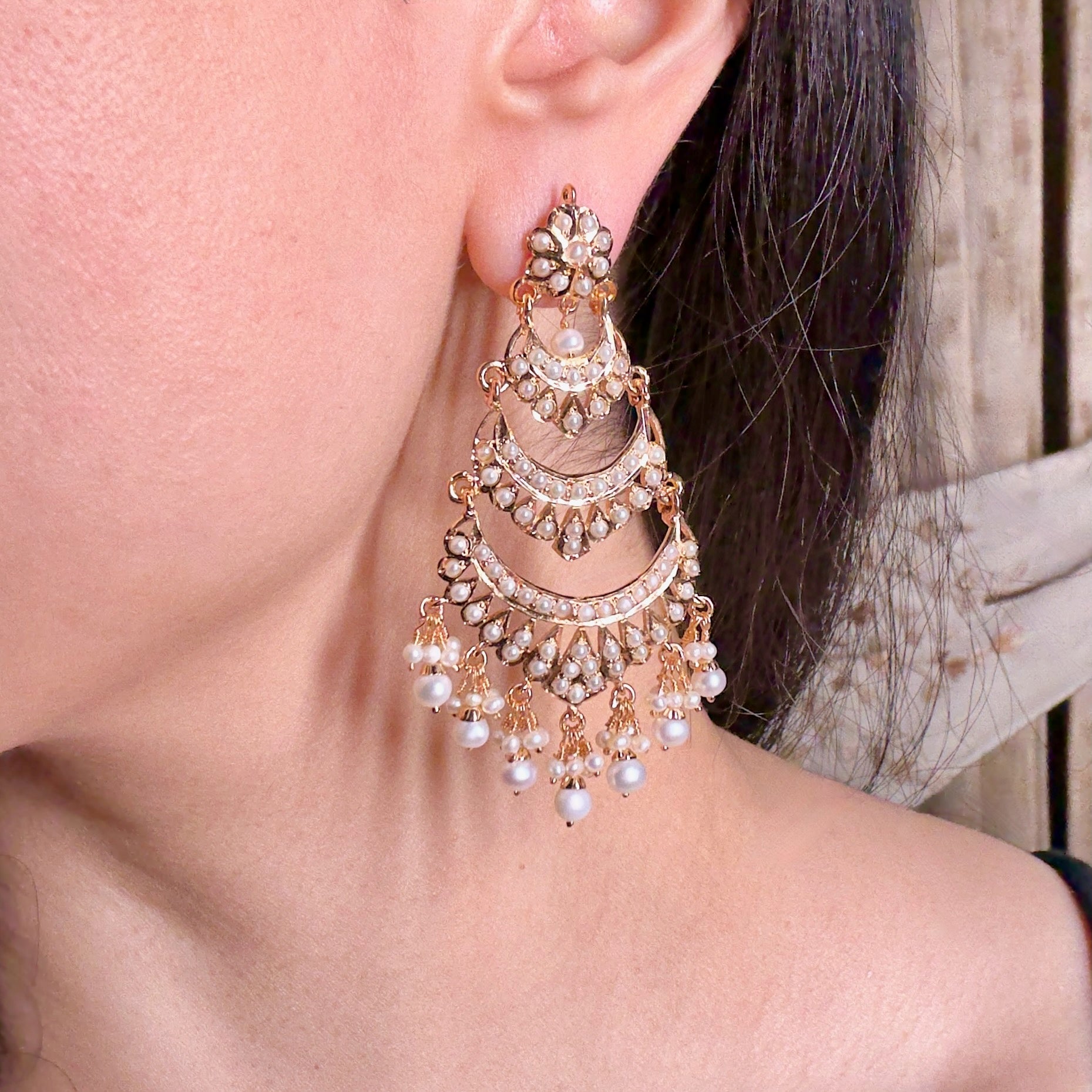 Multi Step Pearl Danglers | Gold Plated on Sterling Silver ER 550