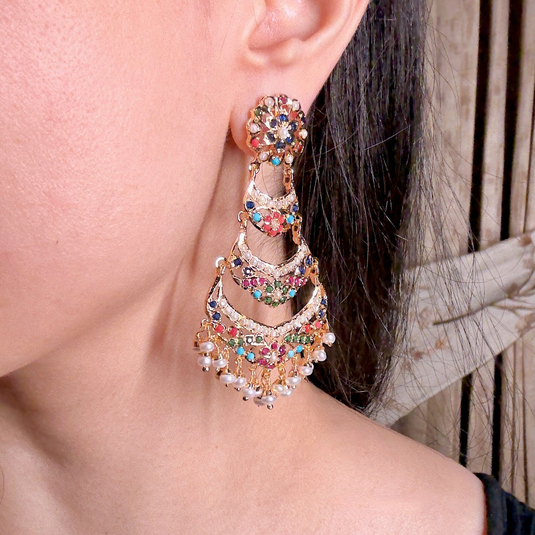 Long Navratna Danglers | Heritage Punjabi Jadau Jewelry | Gold Plated on Silver ER 552