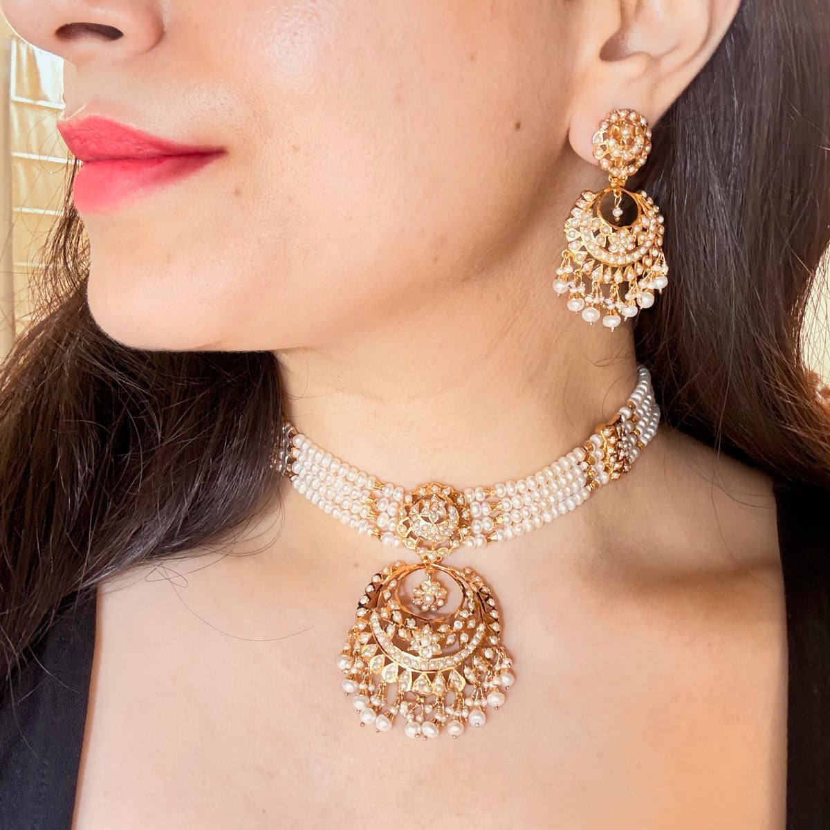 Exquisite Pearl Choker paired with Chandbali Earrings | Gold Plated Silver NS 489