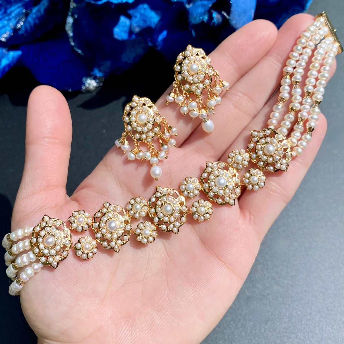 Elegant Pearl Choker Set Matched with Stud Earrings | Gold Plated on 925 Silver NS 497