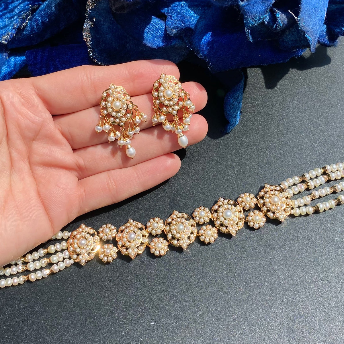 Elegant Pearl Choker Set Matched with Stud Earrings | Gold Plated on 925 Silver NS 497