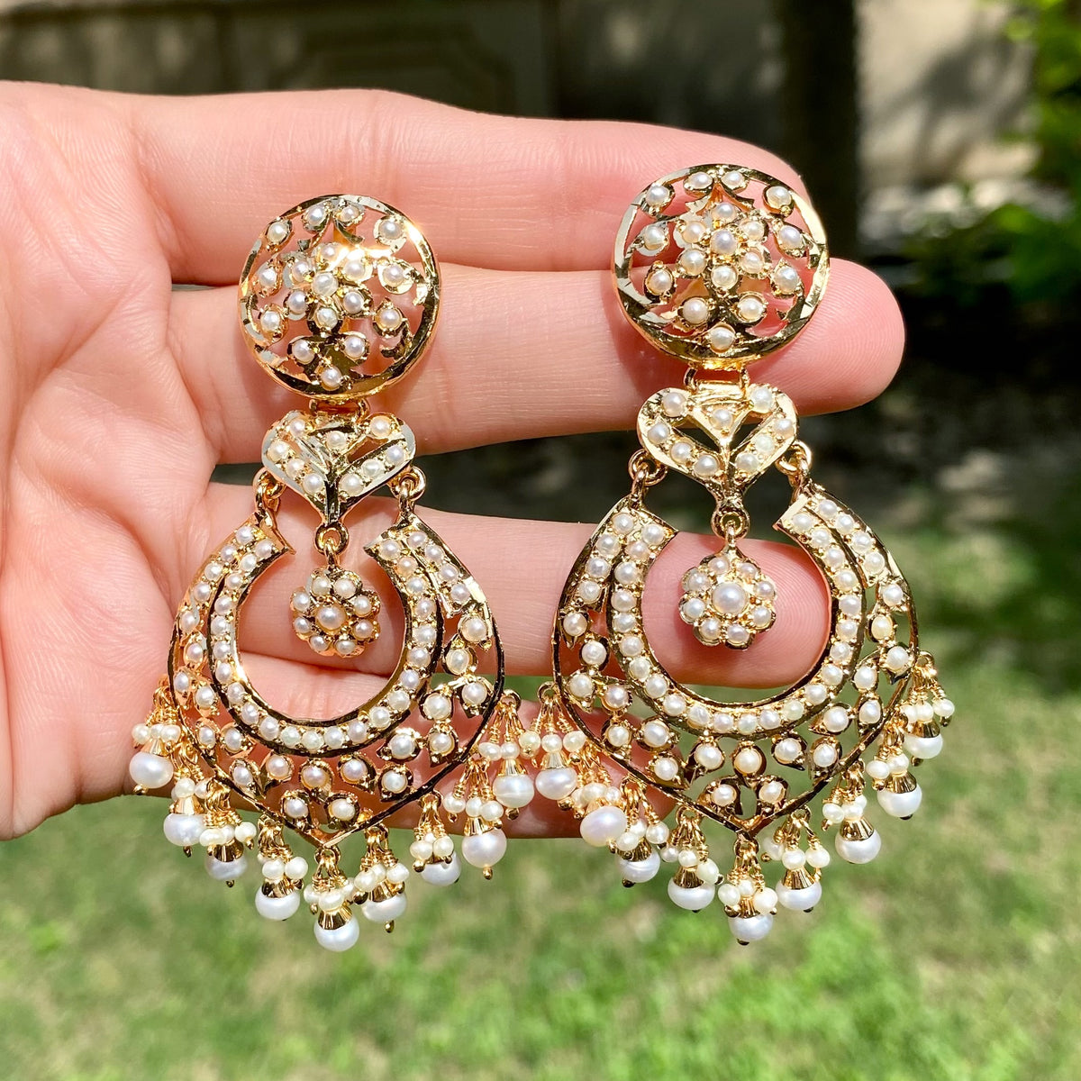 Statement Pearl Chandbali Earrings in Gold-Plated Silver ER 798