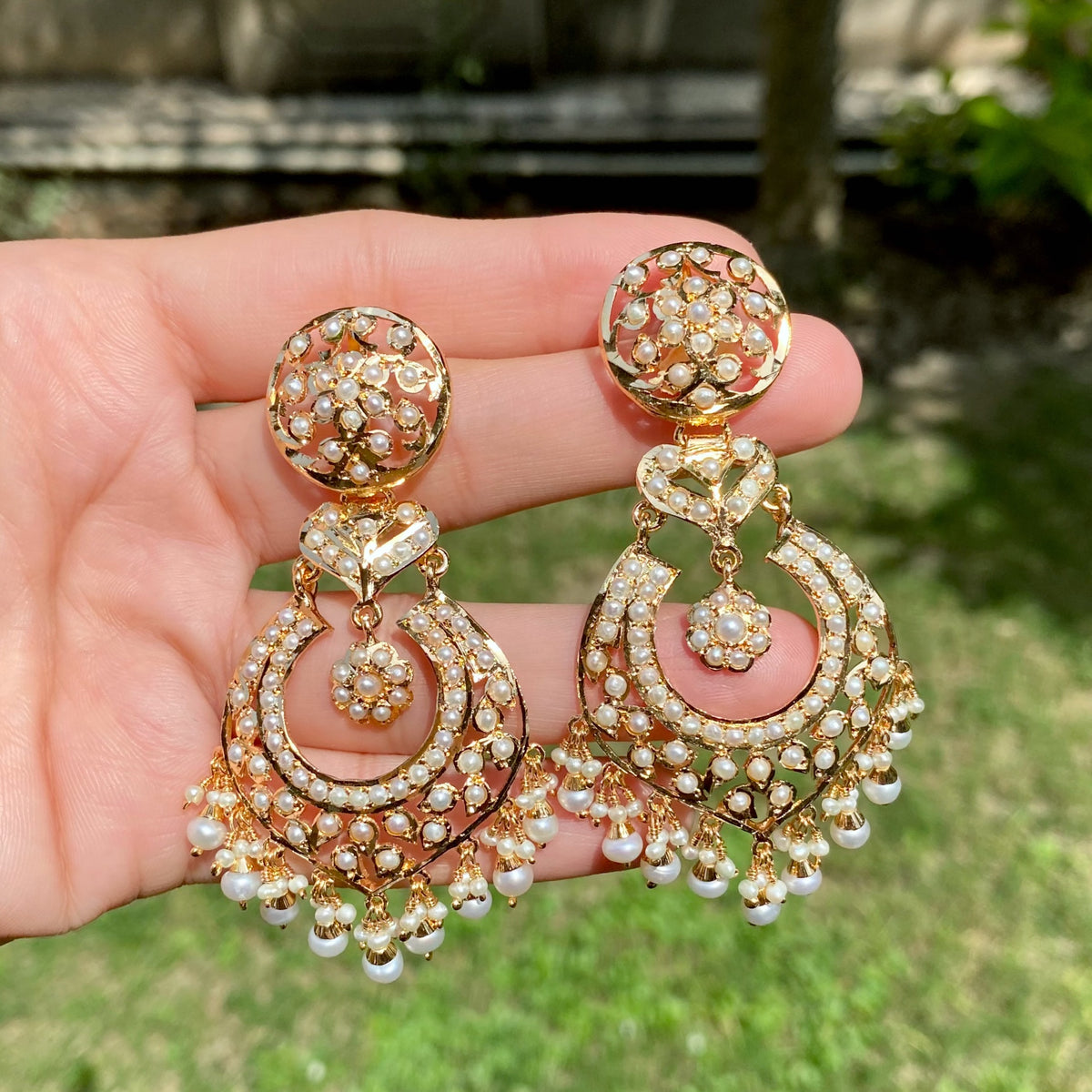 Statement Pearl Chandbali Earrings in Gold-Plated Silver ER 798