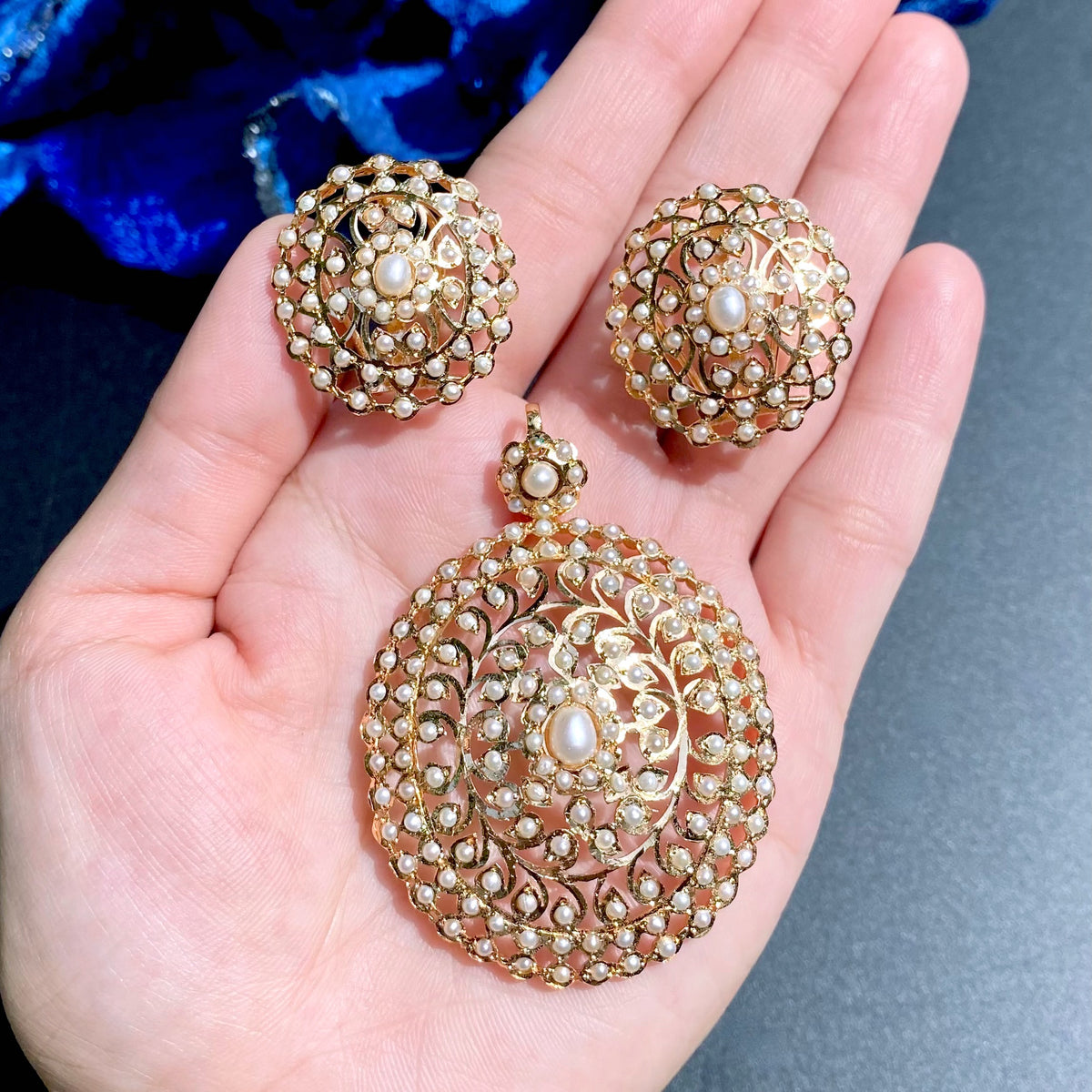 Ornate Pearl Pendant Set with Round Floral Stud Earrings | Gold Plated on 925 Silver PS 146