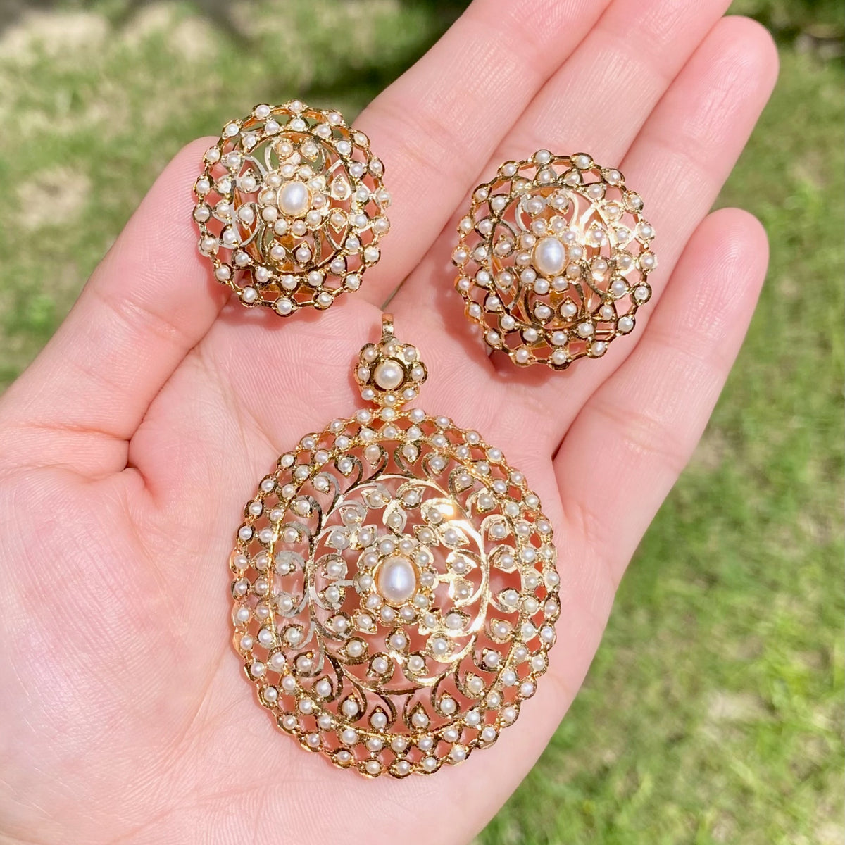 Ornate Pearl Pendant Set with Round Floral Stud Earrings | Gold Plated on 925 Silver PS 146