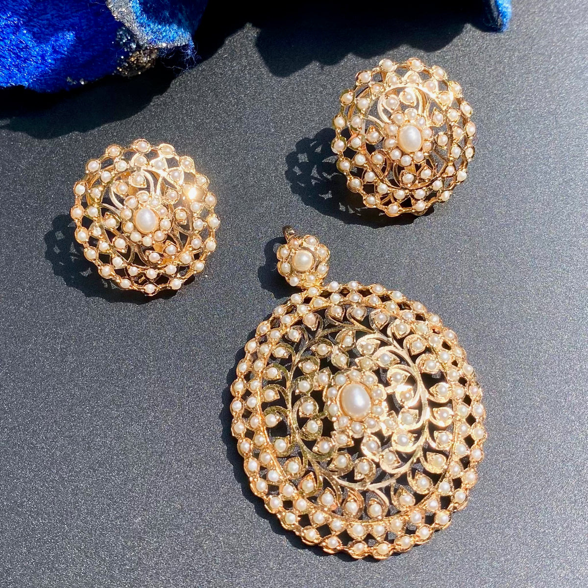 Ornate Pearl Pendant Set with Round Floral Stud Earrings | Gold Plated on 925 Silver PS 146