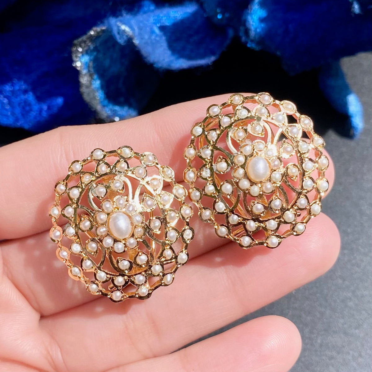 Ornate Pearl Pendant Set with Round Floral Stud Earrings | Gold Plated on 925 Silver PS 146