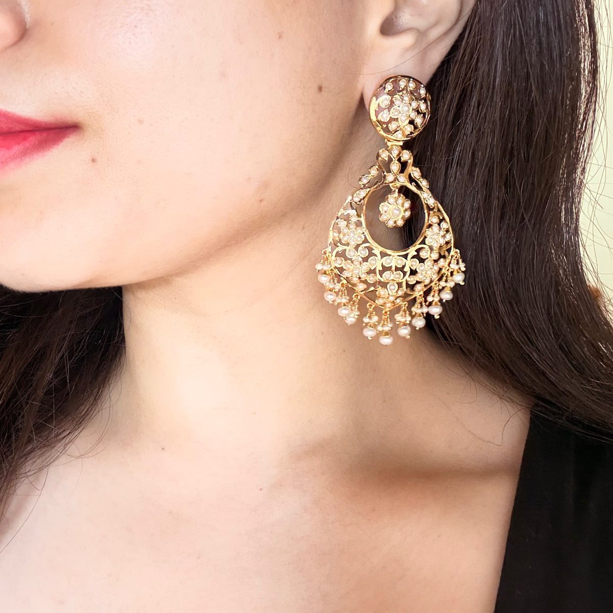 Fine Pearl Chandbali Earrings on Gold Plated Silver ER 793