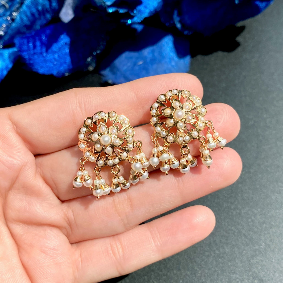 Pearl Choker Set with Floral Medallions & Matching Earrings | Gold Plated on 925 Silver NS 494