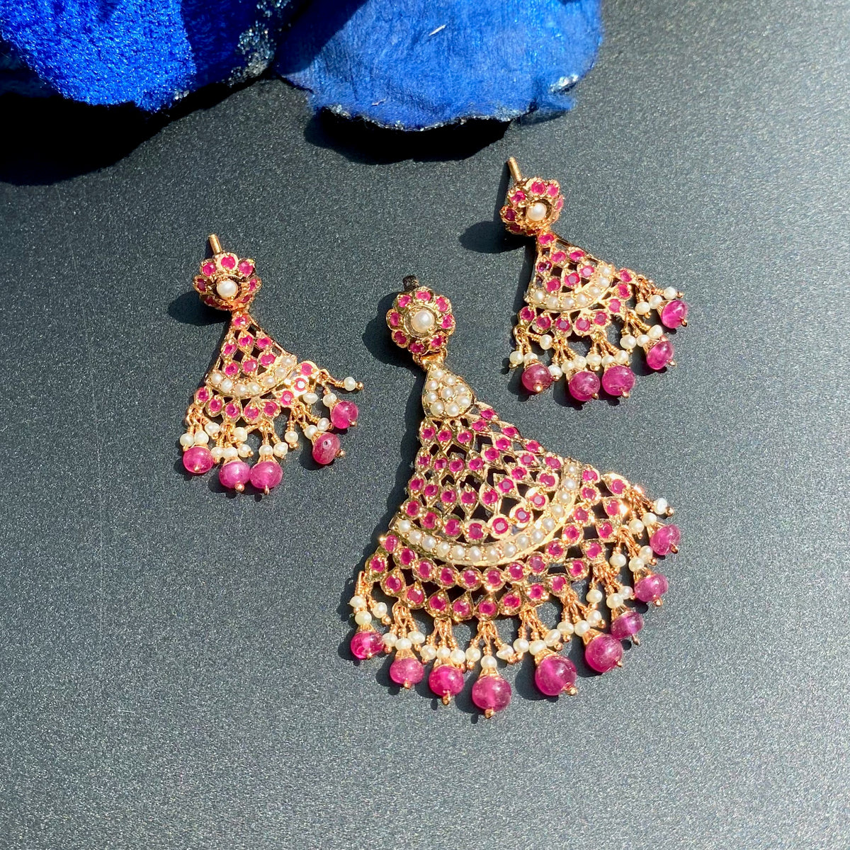 Ruby Red Stone & Pearl Pendant Set | Gold Plated on 925 Silver PS 147
