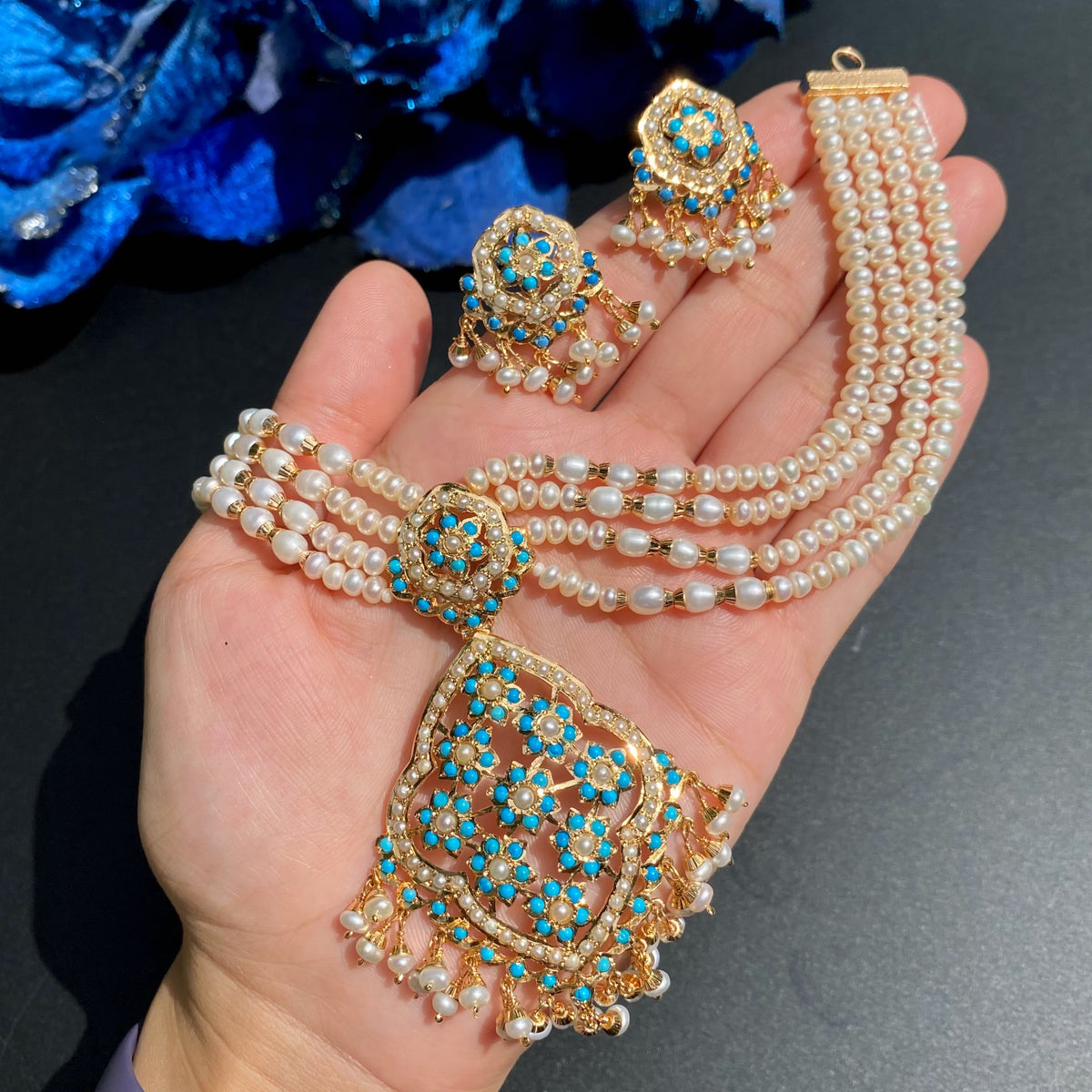Floral Pearl & Turquoise Choker Necklace Set | Gold Plated on 925 Silver NS 492