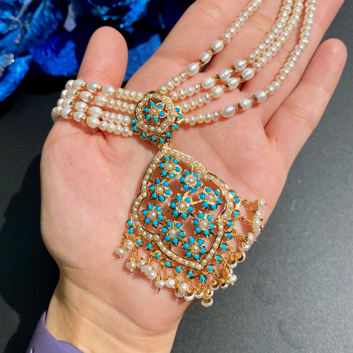Floral Pearl & Turquoise Choker Necklace Set | Gold Plated on 925 Silver NS 492