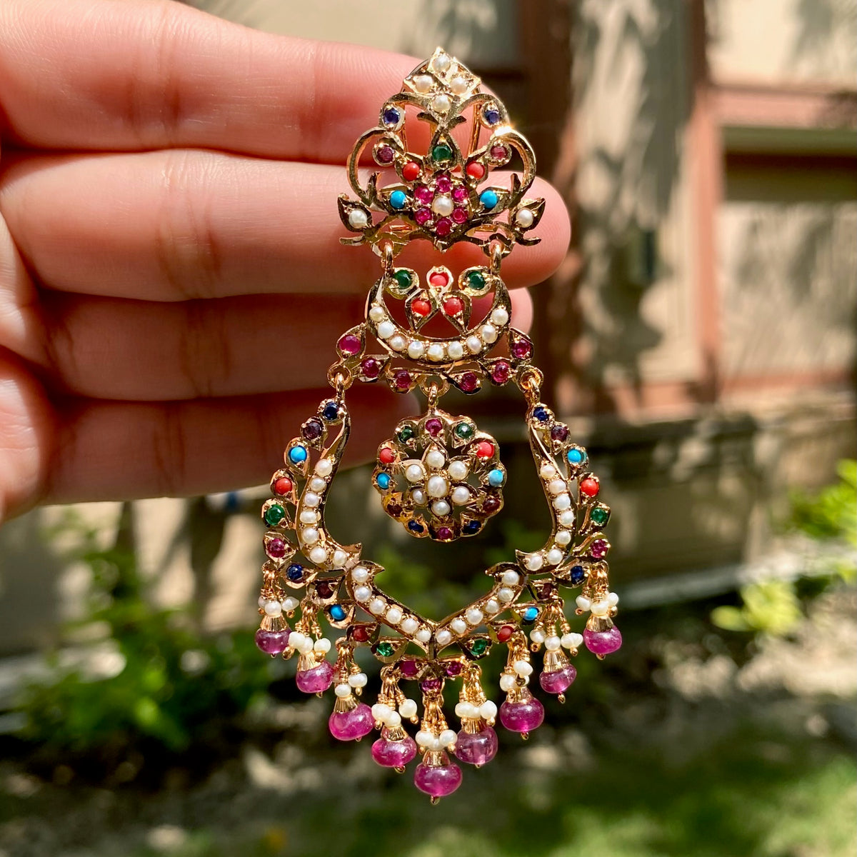 Tall Navratna Jadau Chandbalis | Gold Plated on Silver ER 797
