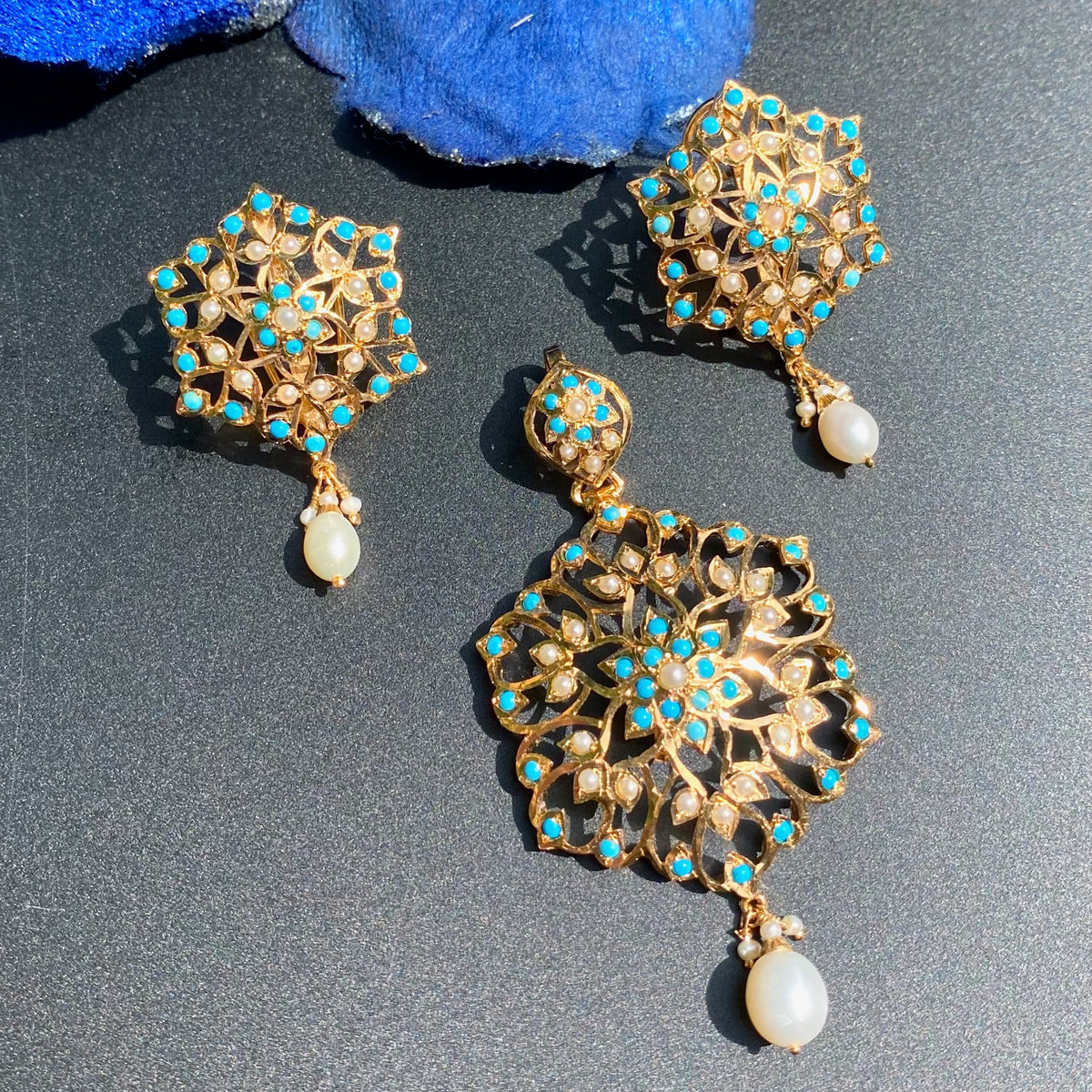 Indo Western Wear Turquoise & Pearl Pendant Set | Gold Plated on Silver PS 145