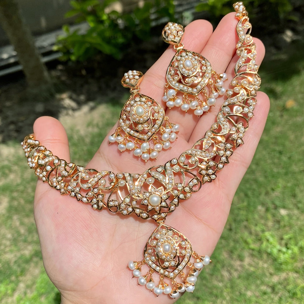 Vintage-Inspired Pearl Necklace & Earrings Set | Gold Plated on Silver 925 NS 496