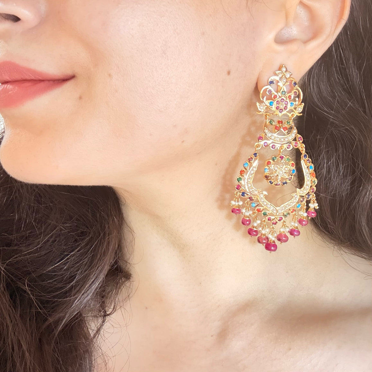 Tall Navratna Jadau Chandbalis | Gold Plated on Silver ER 797