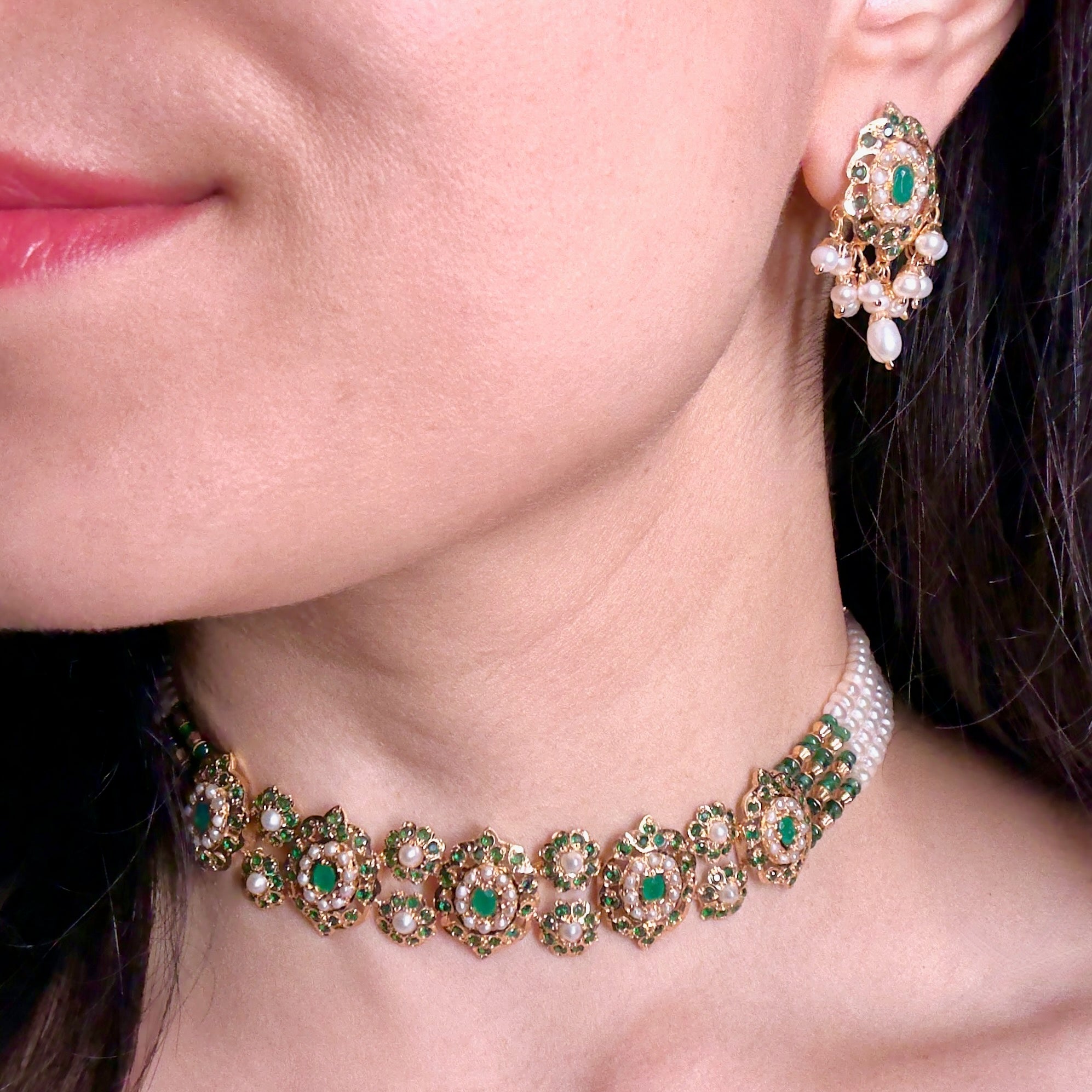 Emerald Green Choker Set | Gold Plated on Silver | Necklace Set for Destination Weddings NS 388