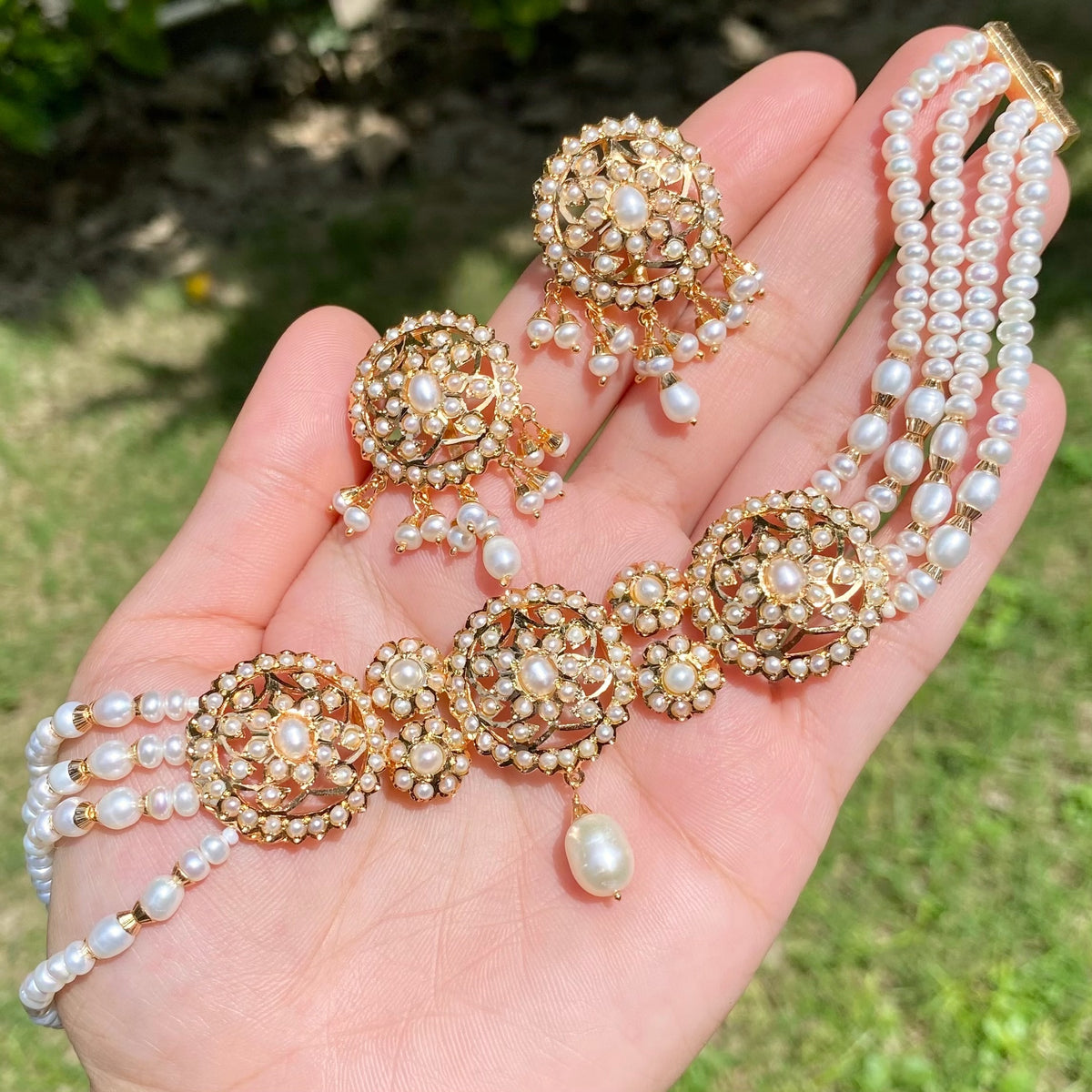 Floral Pearl Choker Set with Matching Stud Earrings | Gold Plated on Silver NS 495