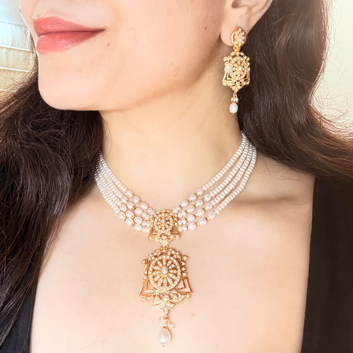 Vintage-Inspired Pearl Choker Set with Statement Earrings | Gold Plated 925 Silver NS 498