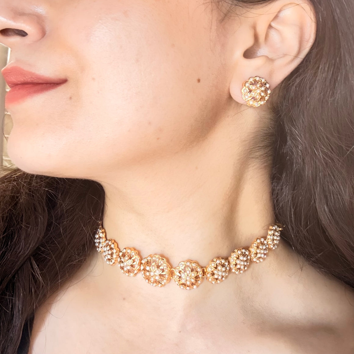 Minimal Pearl Floral Choker Set | Gold Plated Sterling Silver NS 493