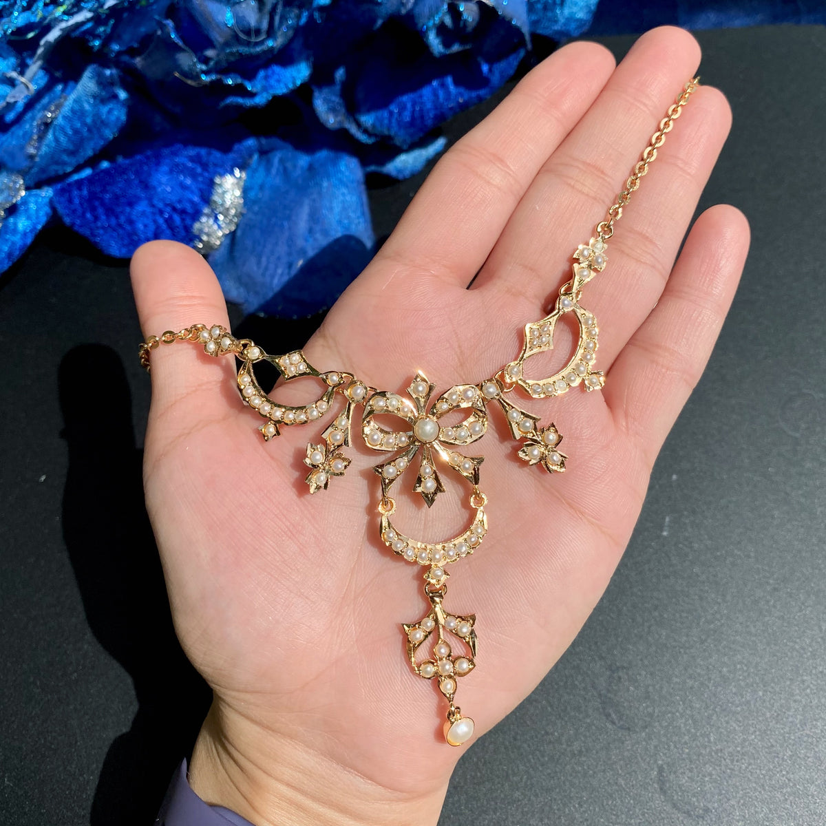 Freshwater Seed Pearl Bow & Crescent Necklace Set in Gold-Plated 925 Silver NS 484