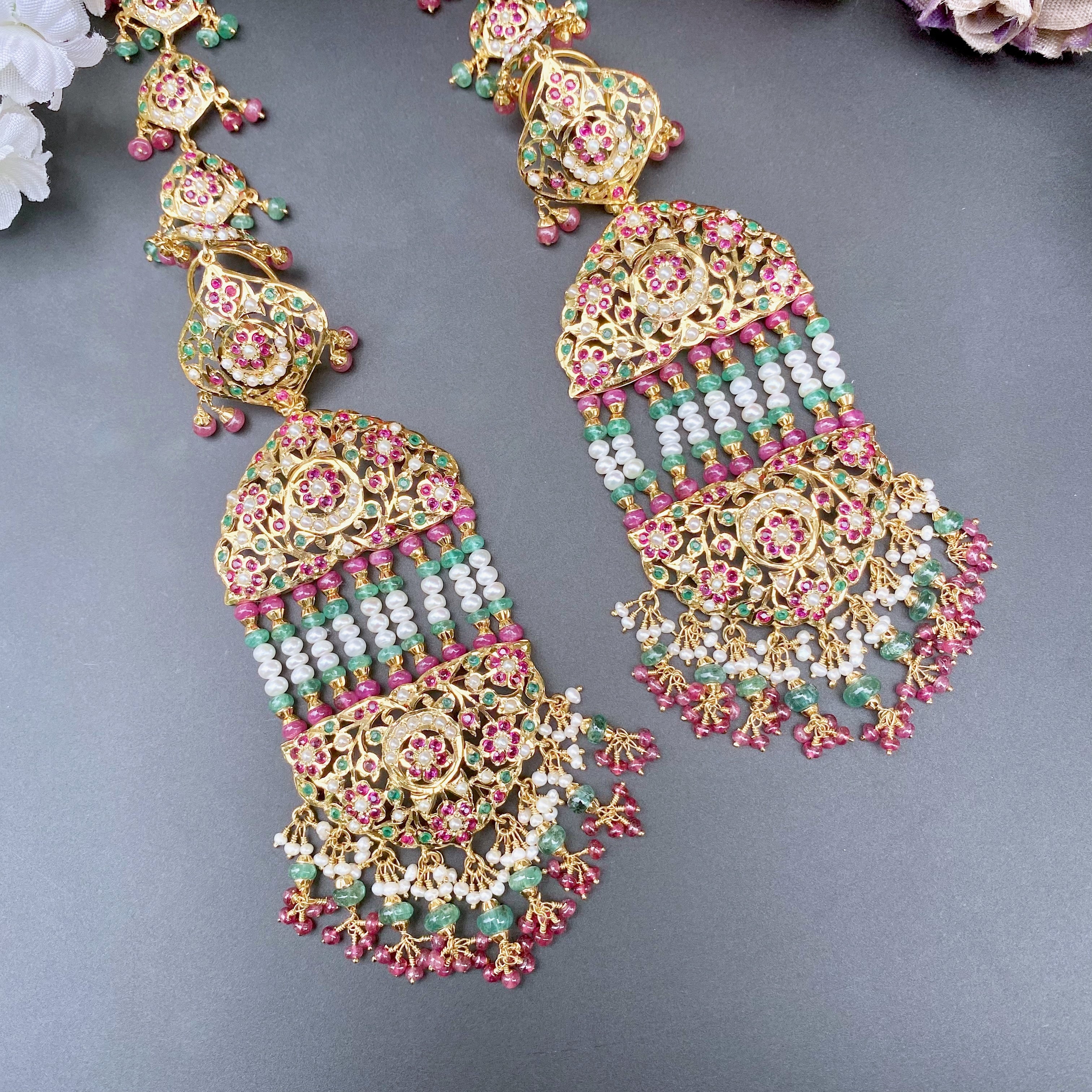 A Pair of Regal And Opulent Jadau Jhoomar Earrings in ruby emerald and pearl ER 402B