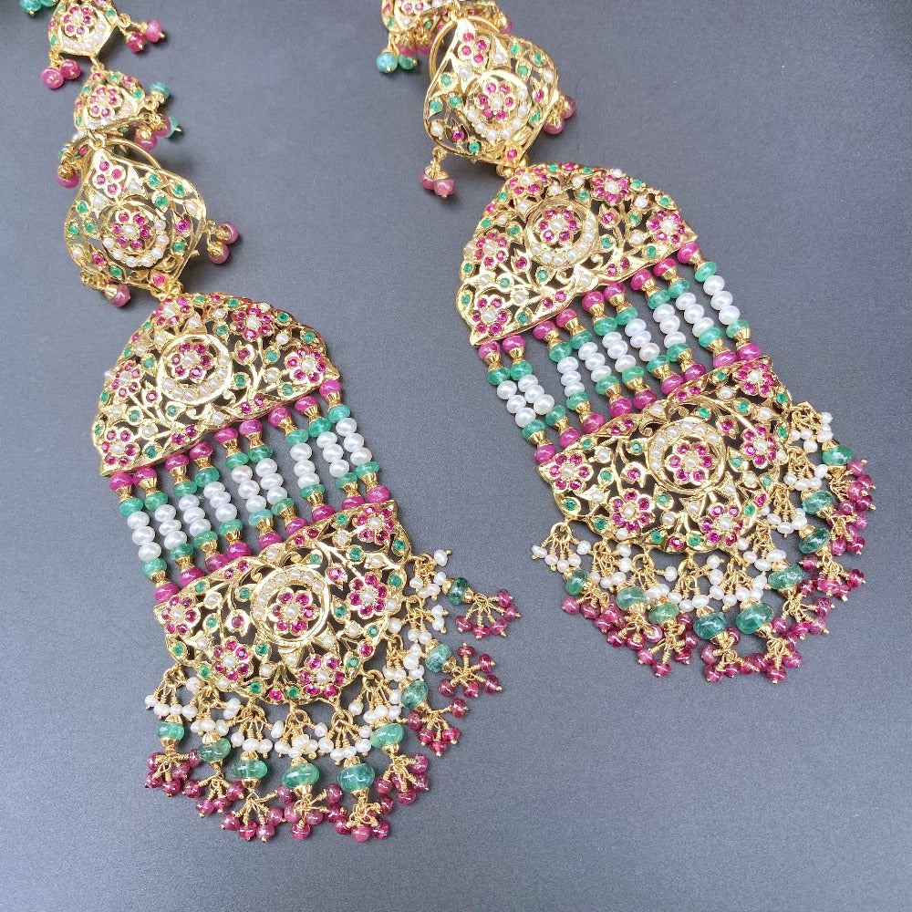 A Pair of Regal And Opulent Jadau Jhoomar Earrings in ruby emerald and pearl ER 402B