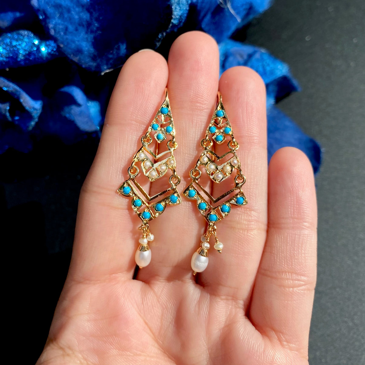 Dainty Turquoise & Pearl Geometric Drop Earrings | Gold Plated on Silver ER 802