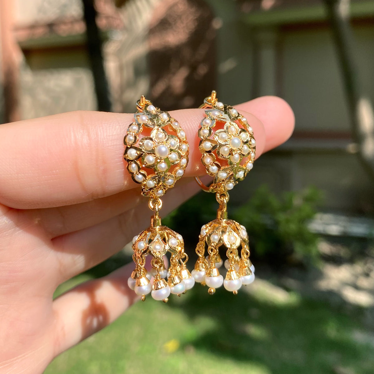 Dainty Jadau Dandi Jhumki in All Pearls | Gold Plated on Silver ER 809