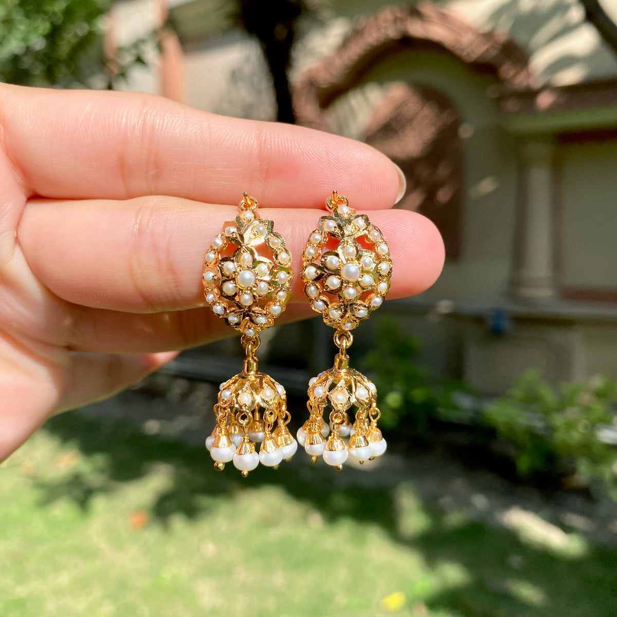 Dainty Jadau Dandi Jhumki in All Pearls | Gold Plated on Silver ER 809
