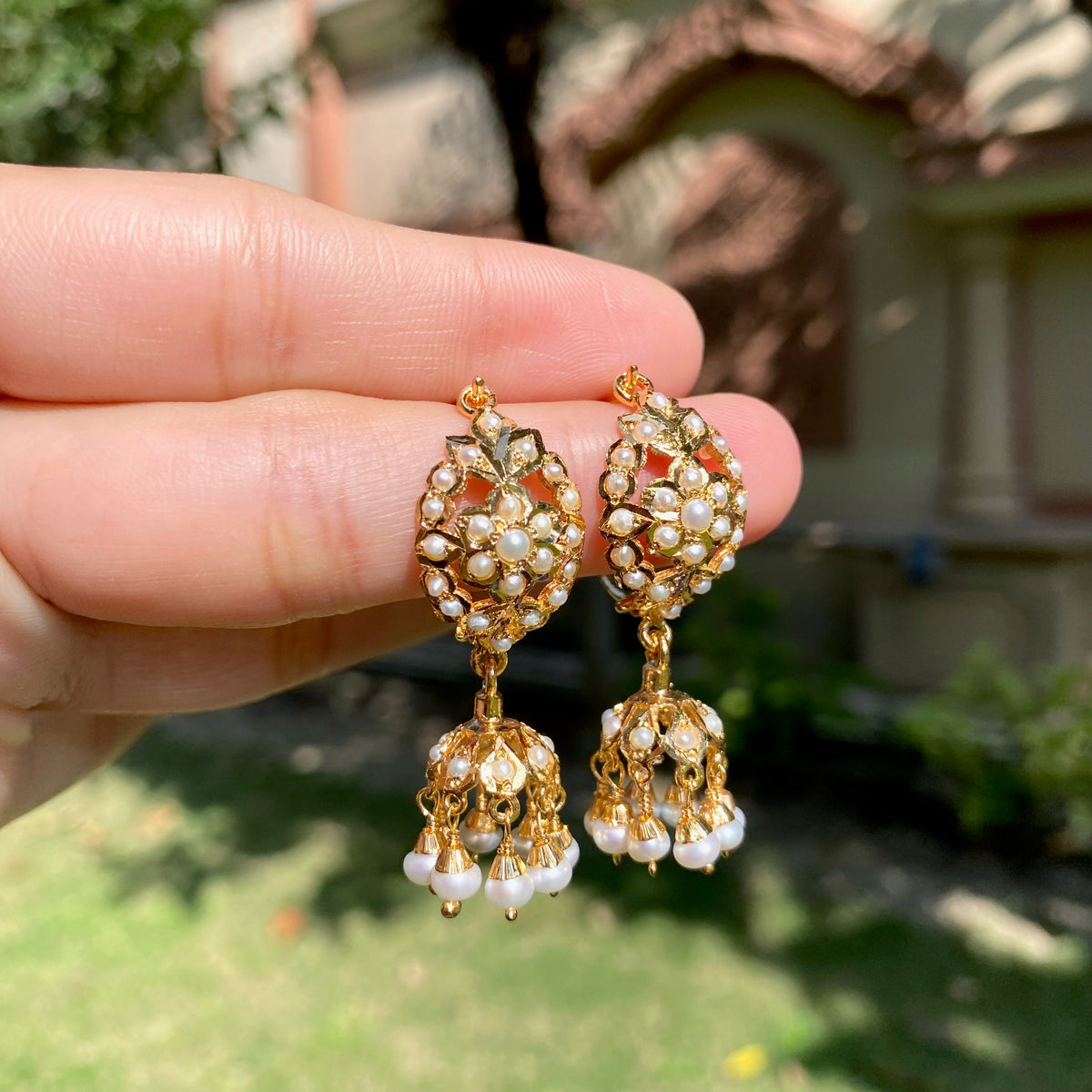 Dainty Jadau Dandi Jhumki in All Pearls | Gold Plated on Silver ER 809