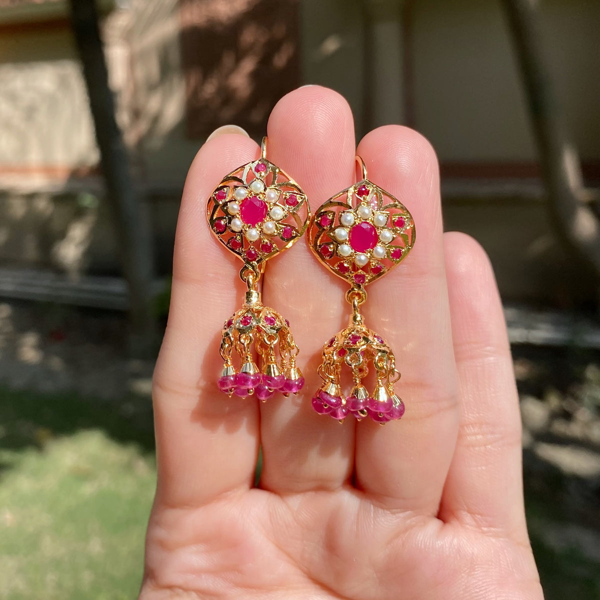 Ruby-Toned Floral Jhumka Earrings with Pearl Accents | Gold Plated on Silver ER 814