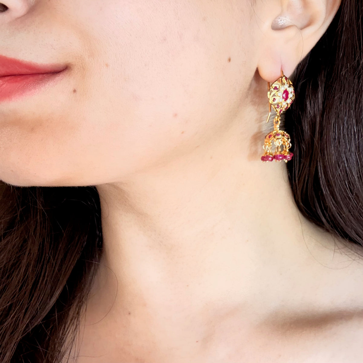 Ruby-Toned Floral Jhumka Earrings with Pearl Accents | Gold Plated on Silver ER 814