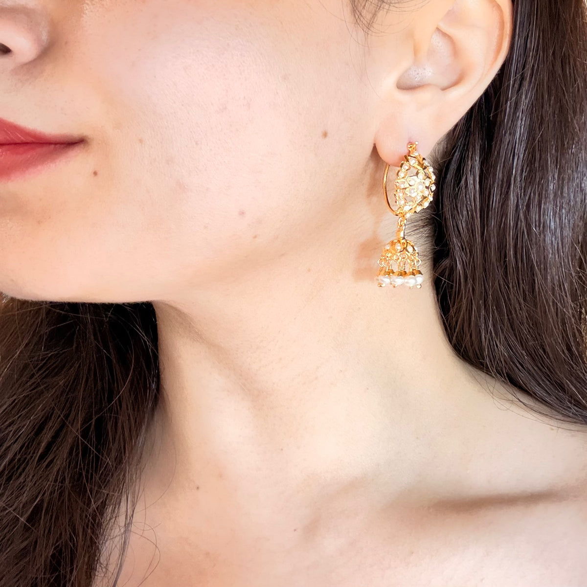 Dainty Jadau Dandi Jhumki in All Pearls | Gold Plated on Silver ER 809