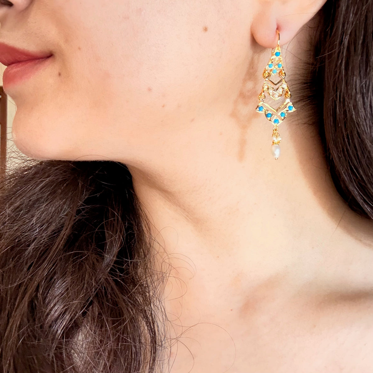 Dainty Turquoise & Pearl Geometric Drop Earrings | Gold Plated on Silver ER 802