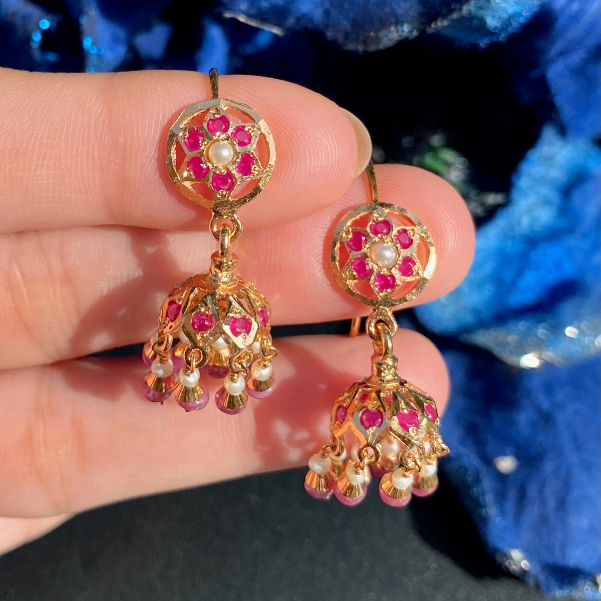 Dainty Jadau Jhumki in Ruby-Red Stones & Pearl Combination | Gold Plated on Silver ER 816