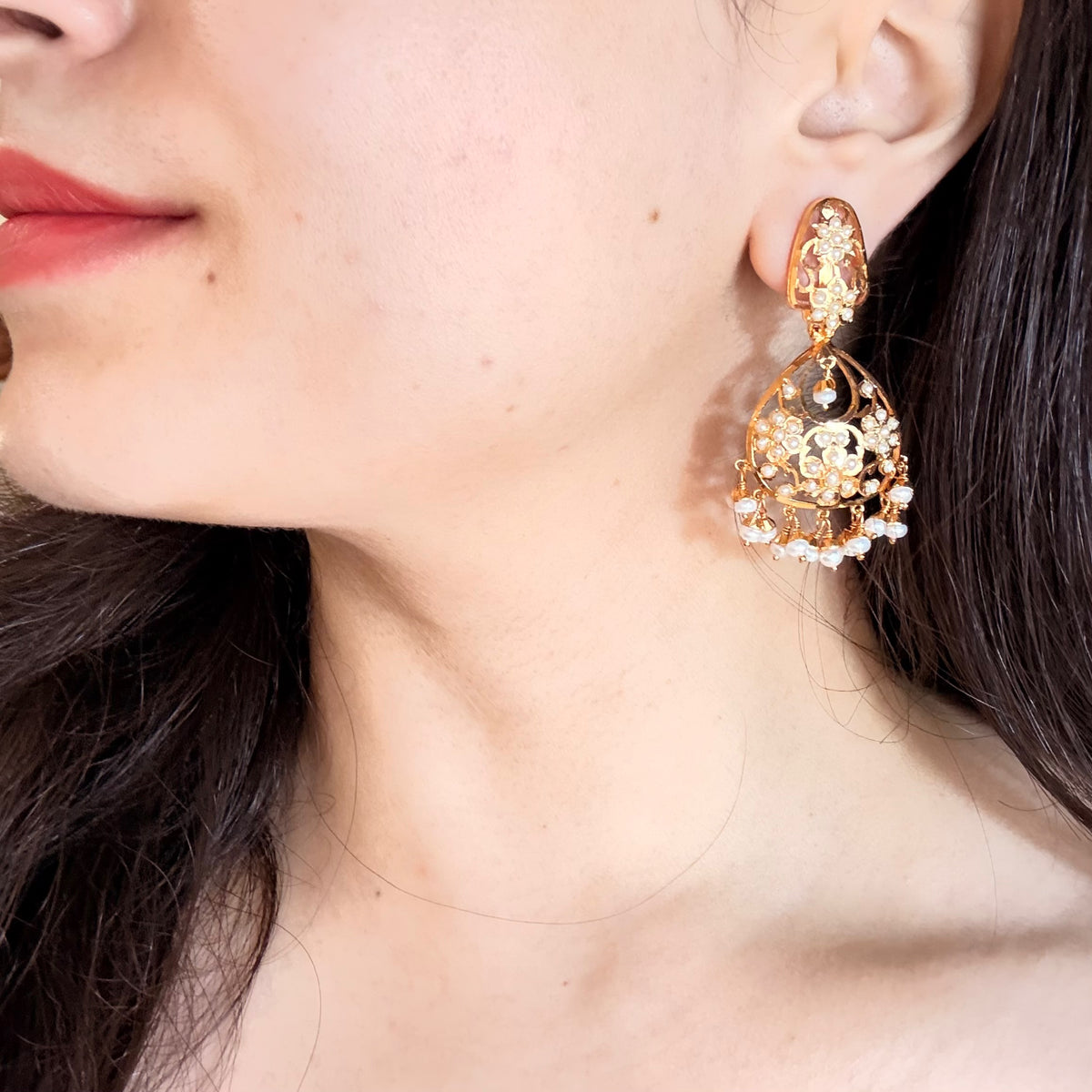 Drop Shaped Pearl Chandbali Earrings | Gold Plated on 925 Silver ER 811