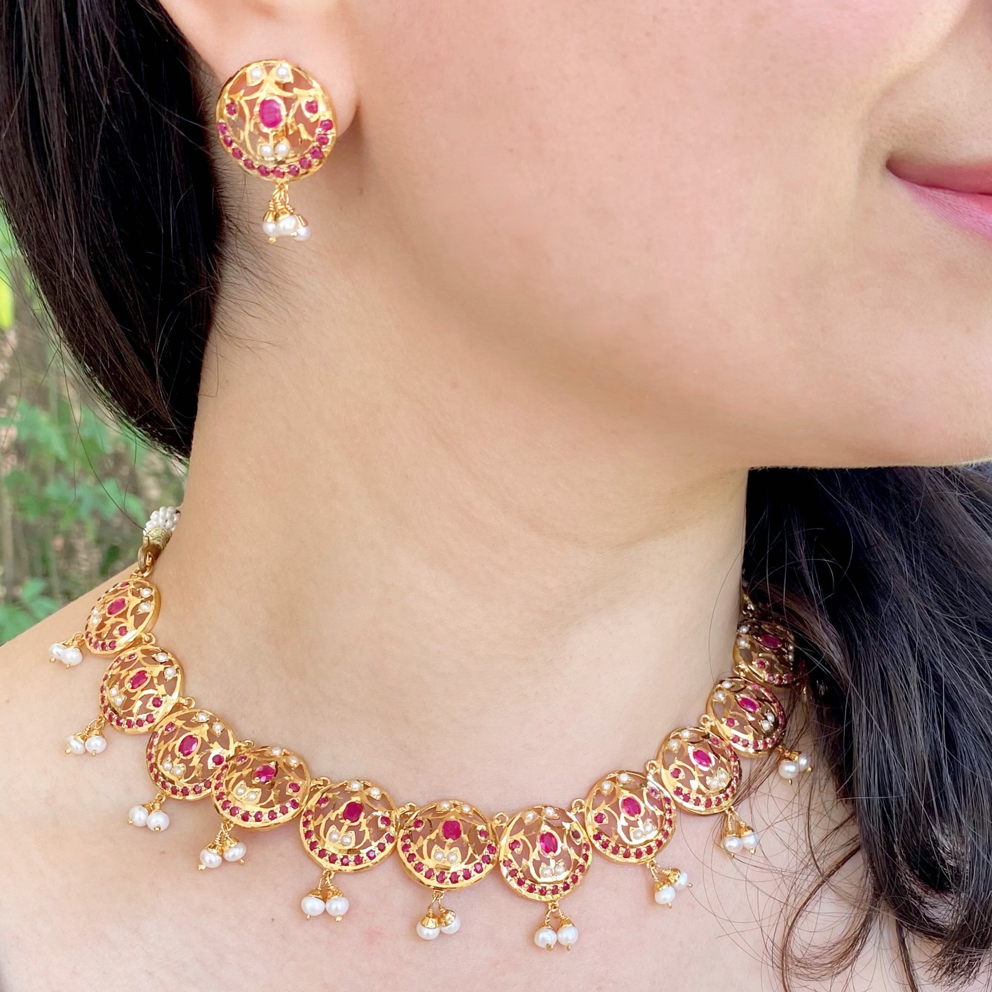 delicate ruby pearl jadau necklace set
