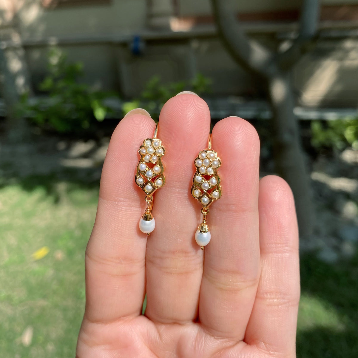 Dainty Pearl Earrings with Fish-hook Closure | Gold Plated on Silver ER 805