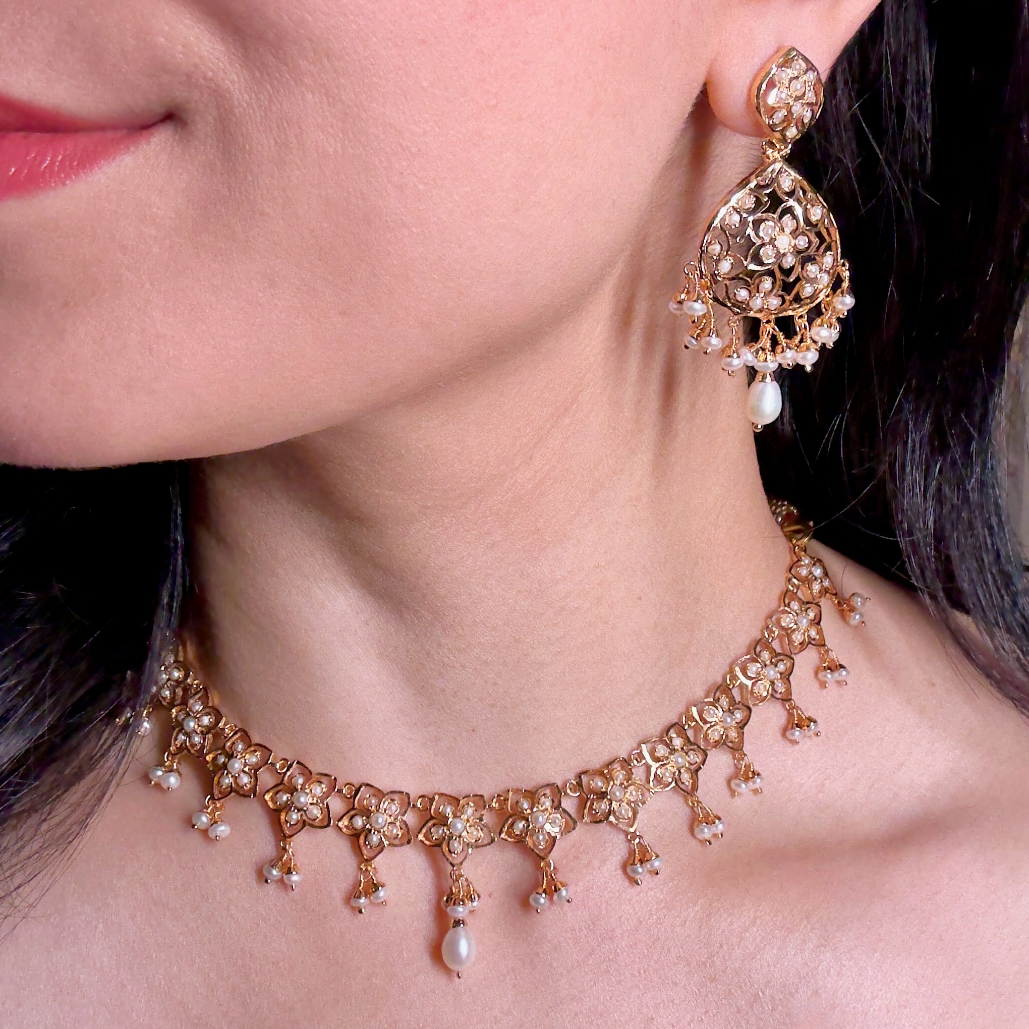Unique Pearl Necklace Set | Dainty Design | Gold Plated on Silver NS 360