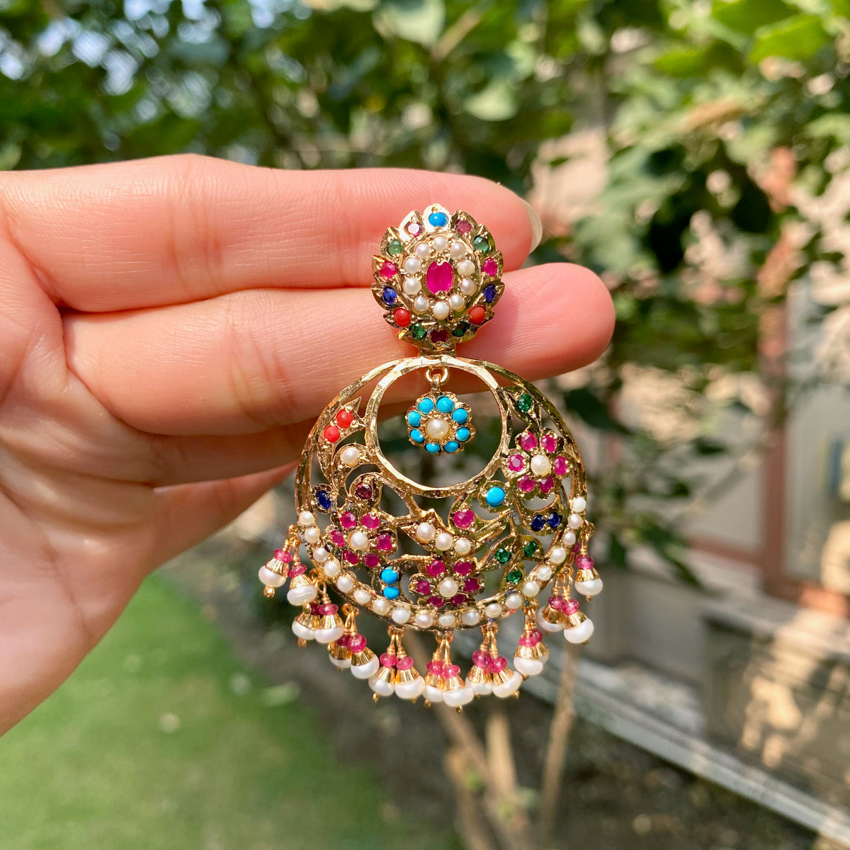 Traditional Punjabi Navratan Chandbali Earrings in Gold-Plated 925 Silver ER 820