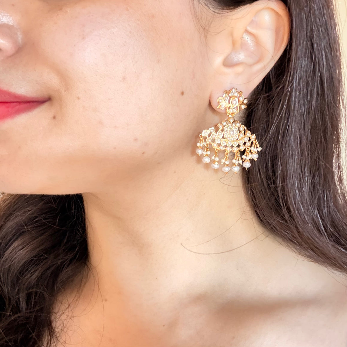 Dainty Pearl Jadau Drop Earrings in Gold-Plated 925 Silver ER 822