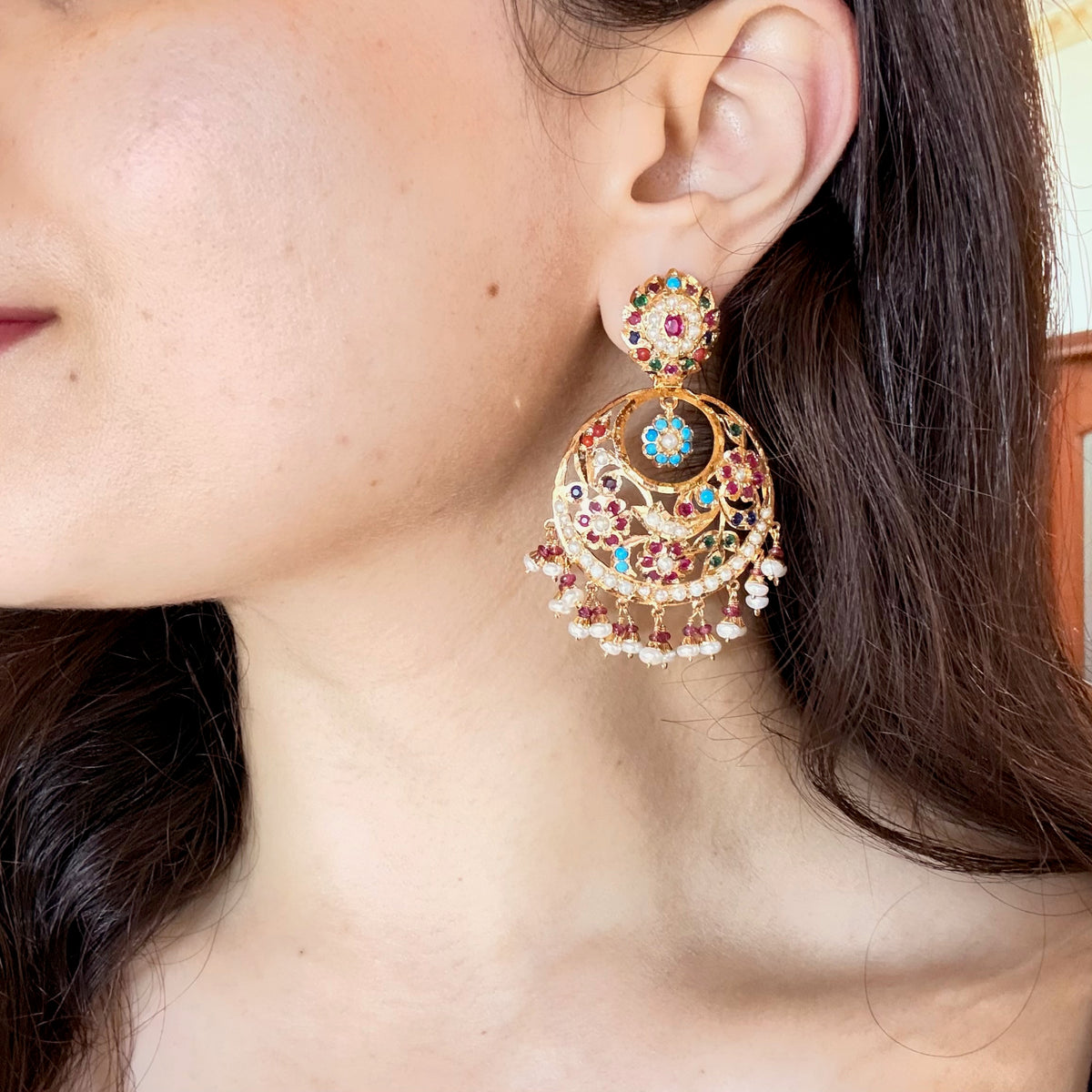 Traditional Punjabi Navratan Chandbali Earrings in Gold-Plated 925 Silver ER 820