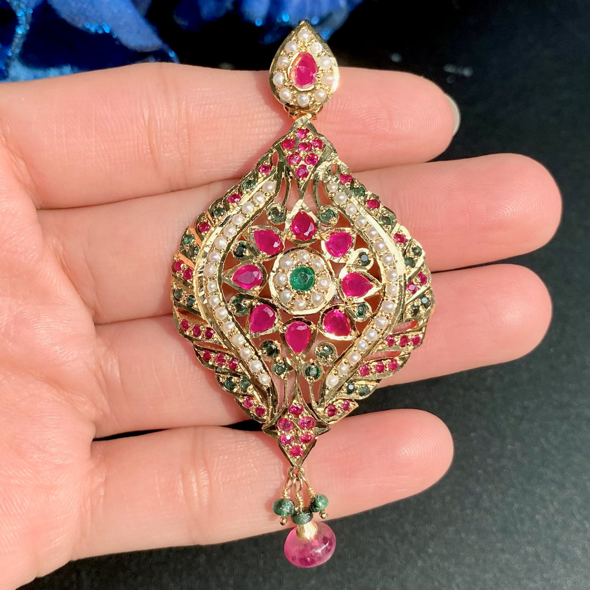 Ruby Emerald Tone Jadau Pendant Set in Gold-Plated 925 Silver PS 148