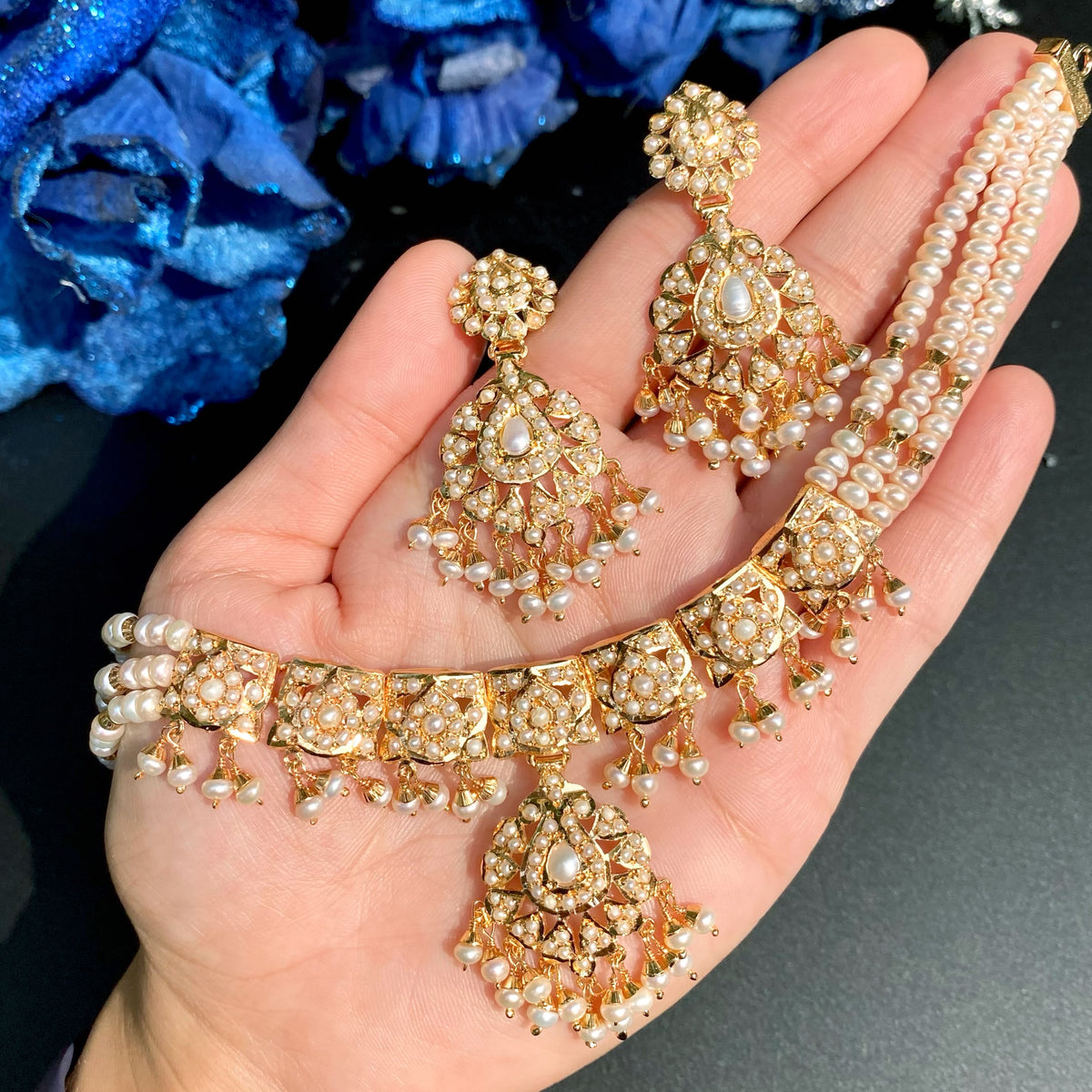 Sleek Pearl Jadau Choker Set in Gold-Plated 925 Silver NS 501