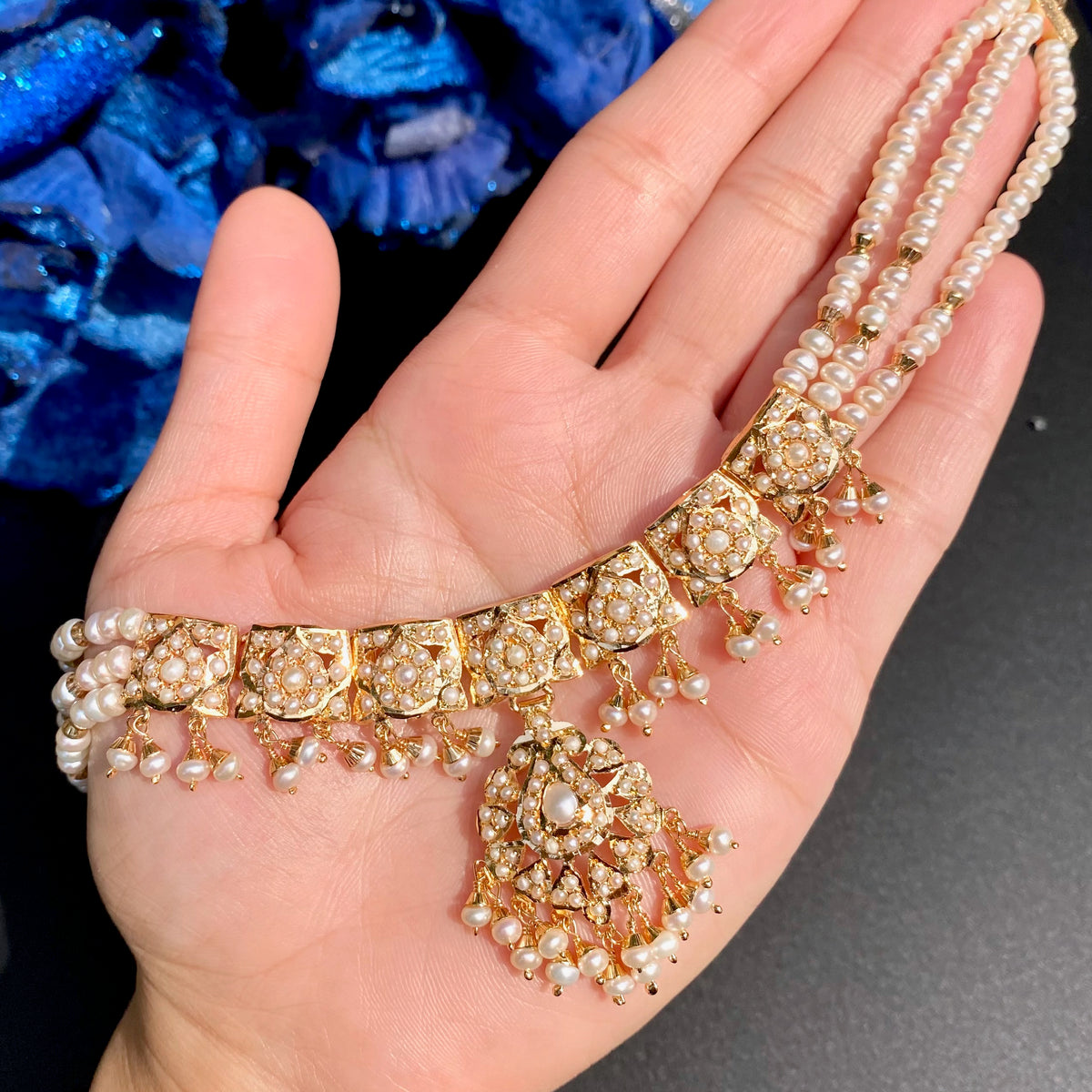 Sleek Pearl Jadau Choker Set in Gold-Plated 925 Silver NS 501