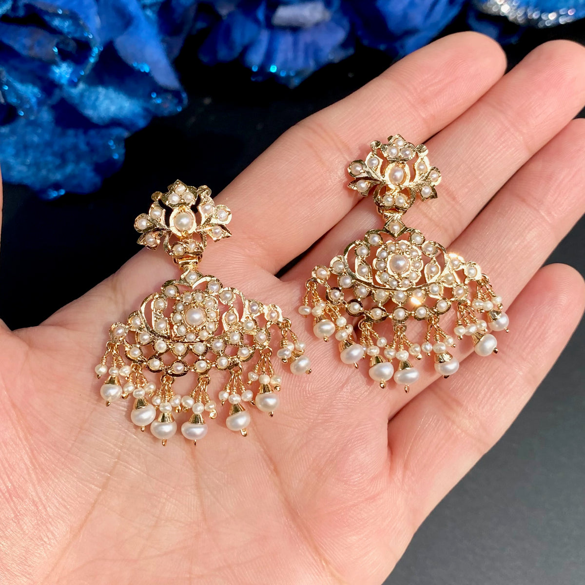 Dainty Pearl Jadau Drop Earrings in Gold-Plated 925 Silver ER 822